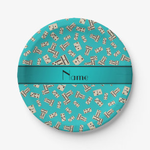 Personalized name turquoise dominos paper plate