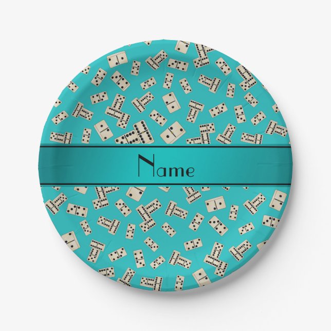 Personalized name turquoise dominos paper plate (Front)