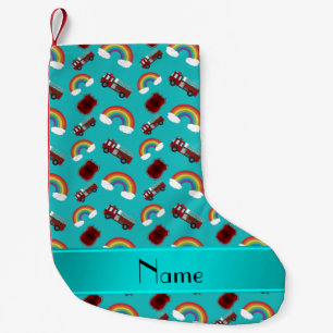 Personalized name turquoise fire trucks rainbows small christmas stocking
