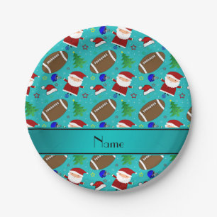 Personalized name turquoise football christmas paper plate