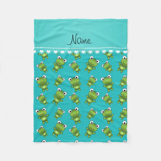 Personalized name turquoise frogs fleece blanket (Front)