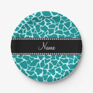 Personalized name turquoise giraffe pattern paper plate