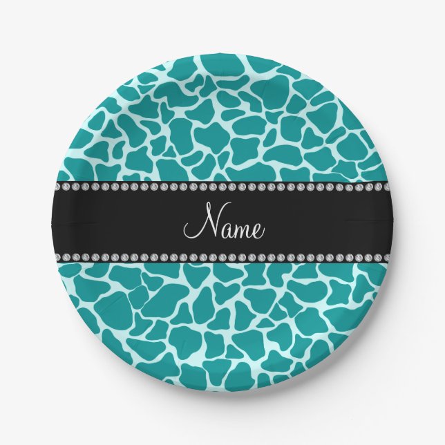 Personalized name turquoise giraffe pattern paper plate (Front)