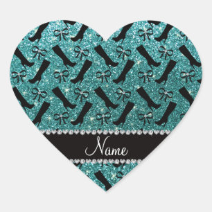 Personalized name turquoise glitter boots bows heart sticker