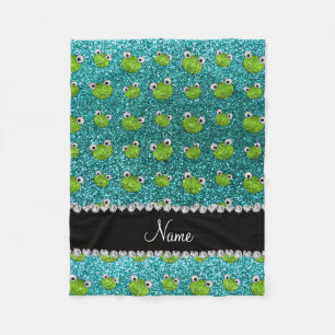 Personalized name turquoise glitter frogs fleece blanket