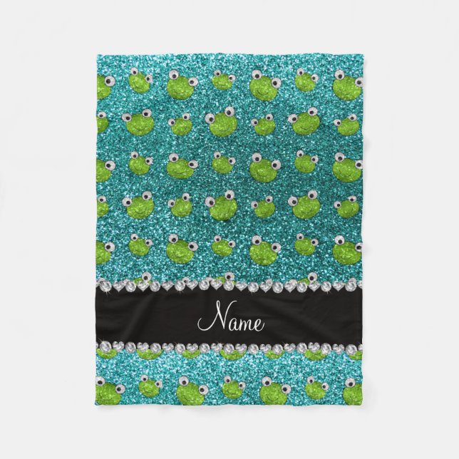 Personalized name turquoise glitter frogs fleece blanket (Front)