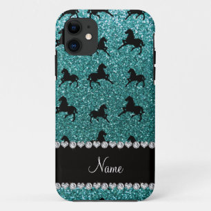 Personalized name turquoise glitter horses iPhone 11 case