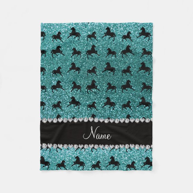 Personalized name turquoise glitter horses fleece blanket (Front)