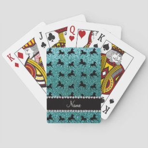 Personalized name turquoise glitter horses playing cards