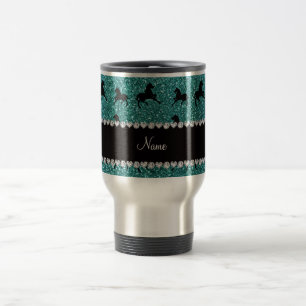 Personalized name turquoise glitter horses travel mug