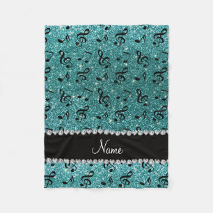 Personalized name turquoise glitter music notes fleece blanket