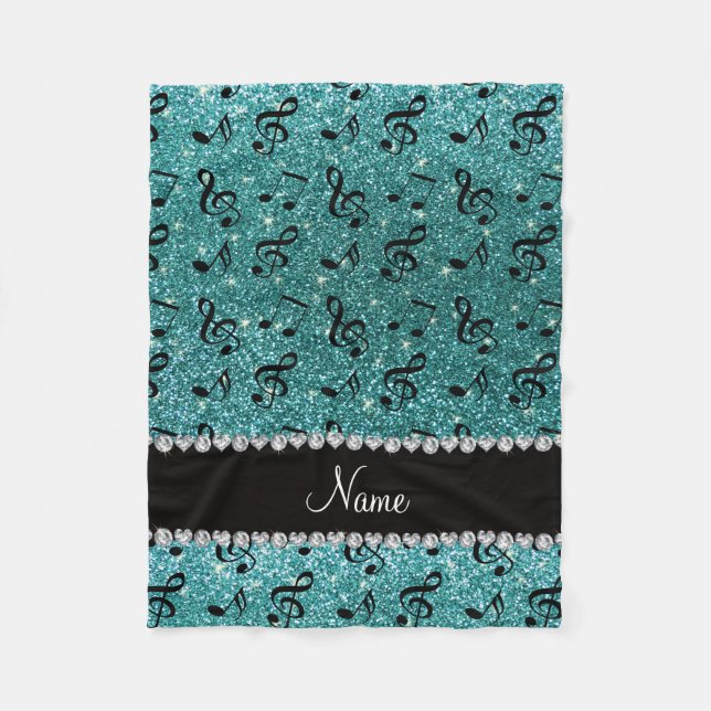 Personalized name turquoise glitter music notes fleece blanket (Front)