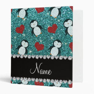 Personalized name turquoise glitter penguins heart binder