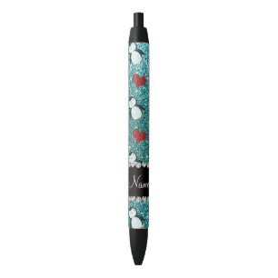 Personalized name turquoise glitter penguins heart black ink pen