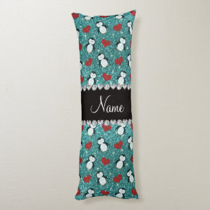 Personalized name turquoise glitter penguins heart body pillow