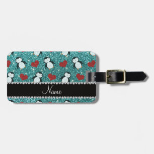 Personalized name turquoise glitter penguins heart luggage tag