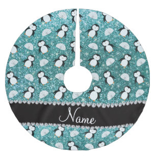 Personalized name turquoise glitter penguins igloo brushed polyester tree skirt