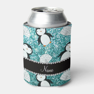Personalized name turquoise glitter penguins igloo can cooler