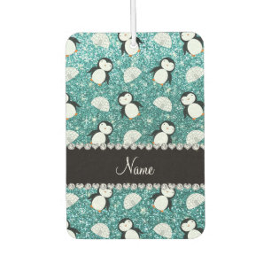 Personalized name turquoise glitter penguins igloo car air freshener
