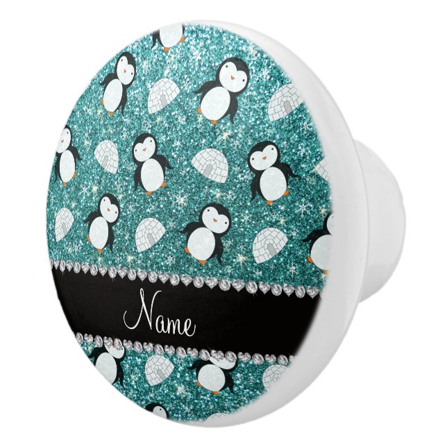 Personalized name turquoise glitter penguins igloo ceramic knob (Right)