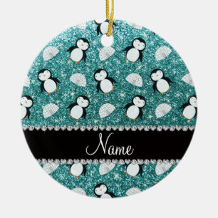 Personalized name turquoise glitter penguins igloo ceramic ornament