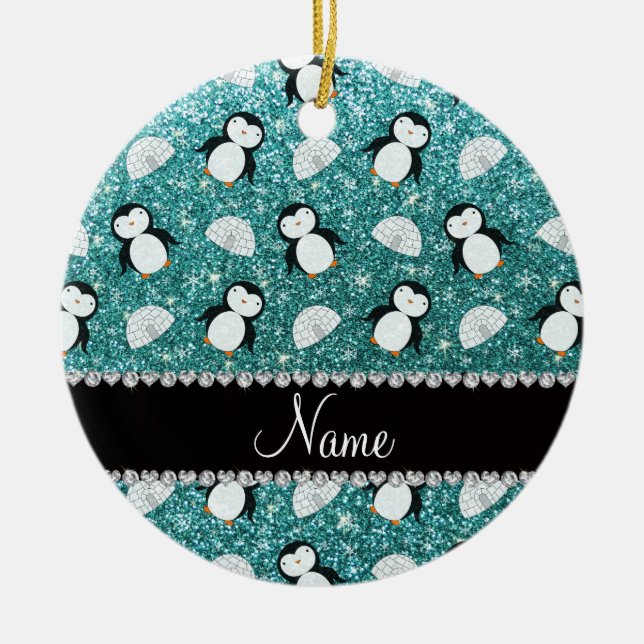 Personalized name turquoise glitter penguins igloo ceramic ornament (Front)