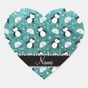 Personalized name turquoise glitter penguins igloo heart sticker