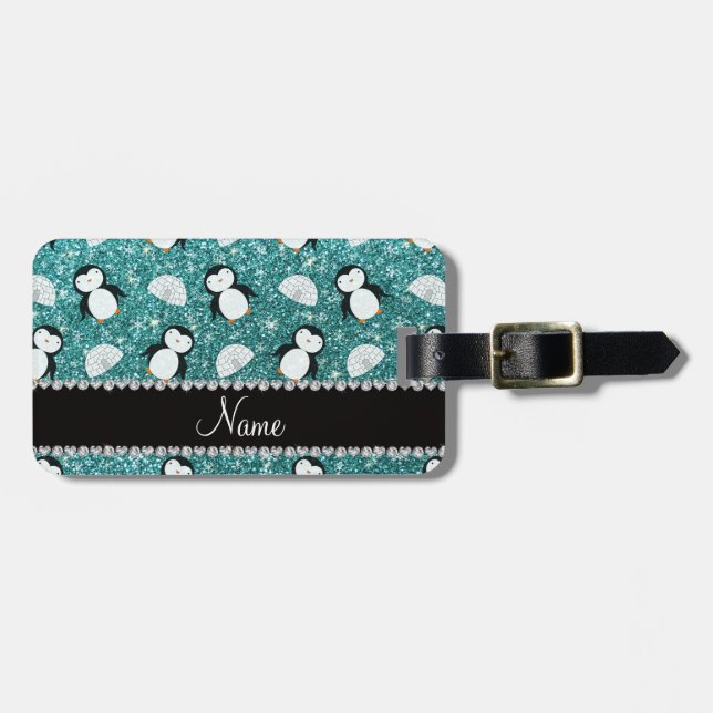 Personalized name turquoise glitter penguins igloo luggage tag (Front Horizontal)