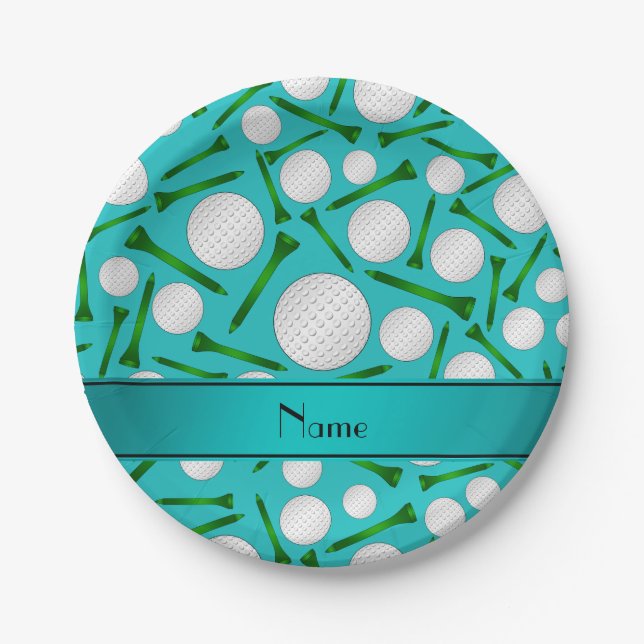 Personalized name turquoise golf balls tees paper plate (Front)
