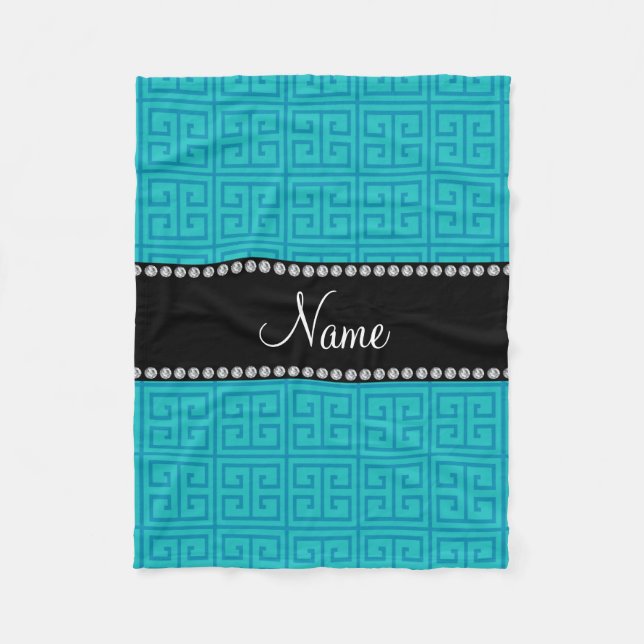 Personalized name turquoise greek key pattern fleece blanket (Front)