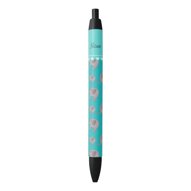 Personalized name turquoise grey elephants black ink pen (Front Vertical)