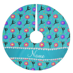 Personalized name turquoise gymnastics flowers brushed polyester tree skirt