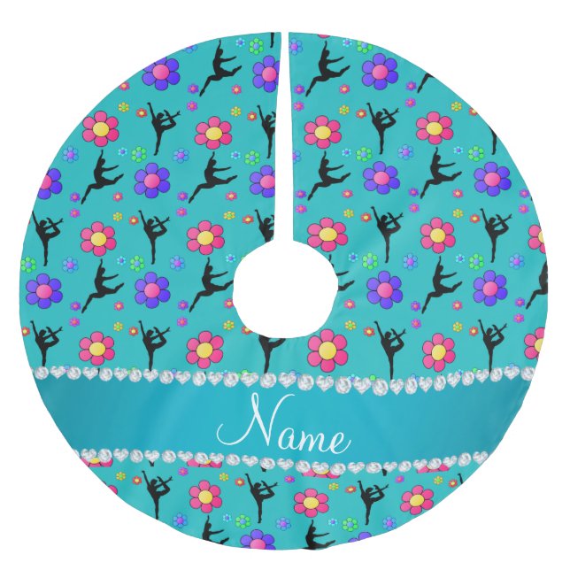 Personalized name turquoise gymnastics flowers brushed polyester tree skirt (Front)