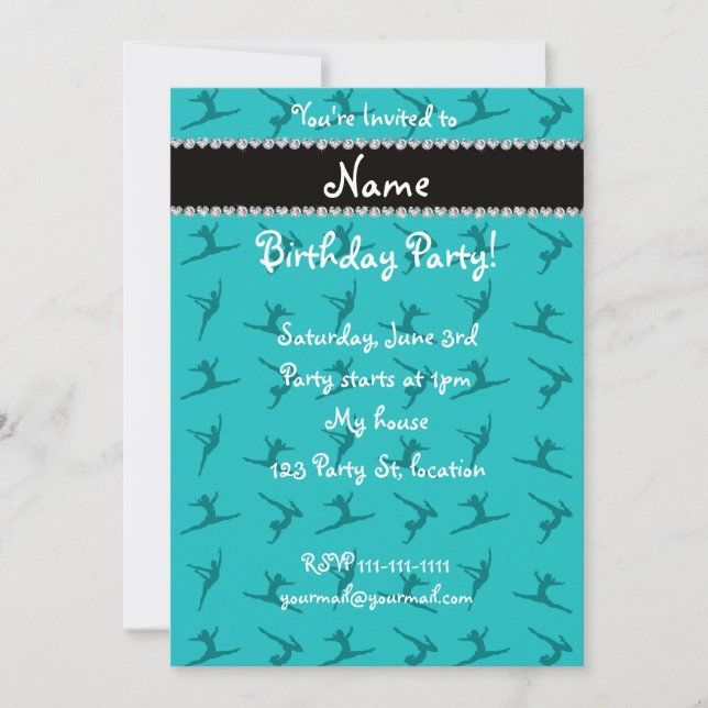 Personalized name turquoise gymnastics pattern invitation (Front)