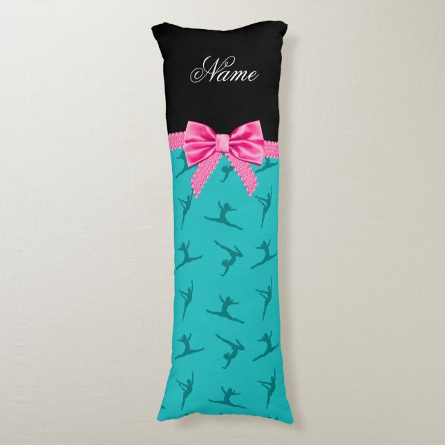 Personalized name turquoise gymnastics pink bow body pillow (Front Vertical)