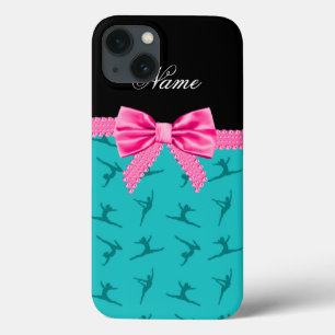 Personalized name turquoise gymnastics pink bow iPhone 13 case