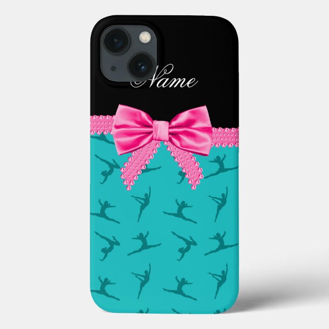 Personalized name turquoise gymnastics pink bow Case-Mate iPhone case (Back)