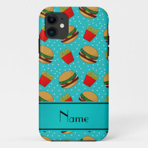 Personalized name turquoise hamburgers fries dots iPhone 11 case
