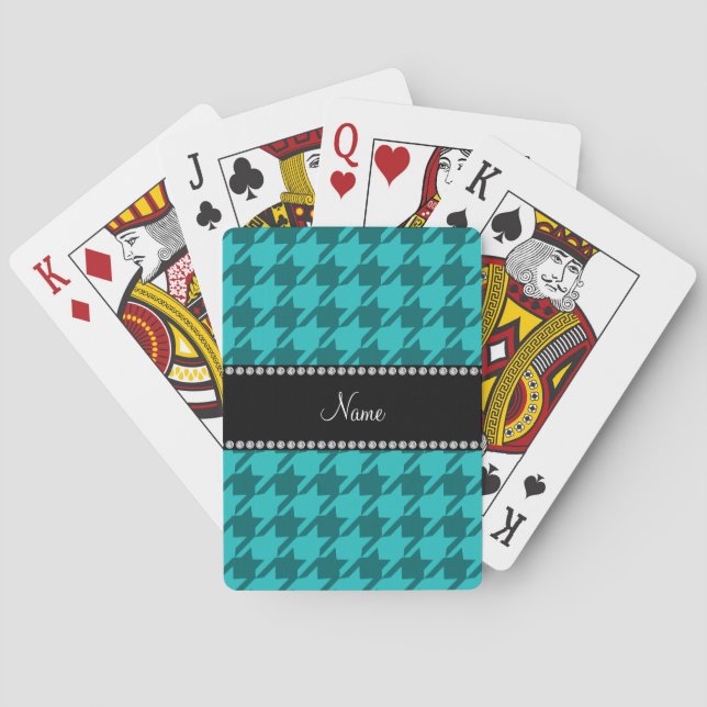 Personalized name turquoise houndstooth playing cards (Back)