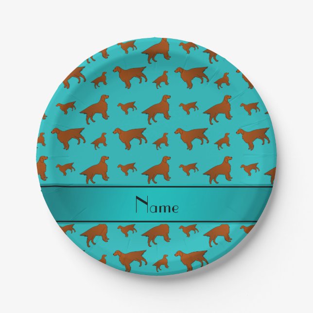 Personalized name turquoise irish setter dogs paper plate (Front)