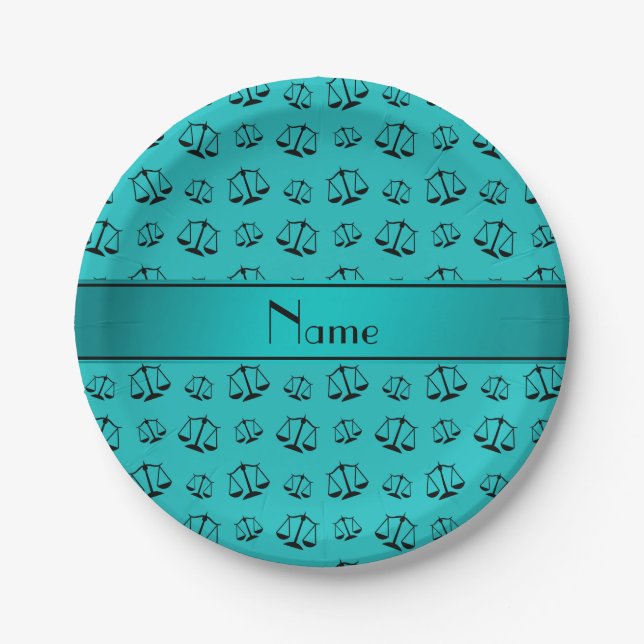 Personalized name turquoise justice scales paper plate (Front)