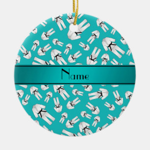 Personalized name turquoise karate pattern ceramic ornament