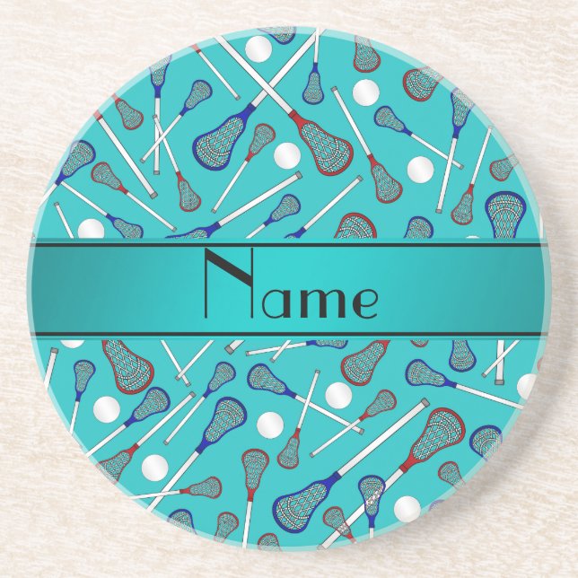Personalized name turquoise lacrosse pattern coaster (Front)