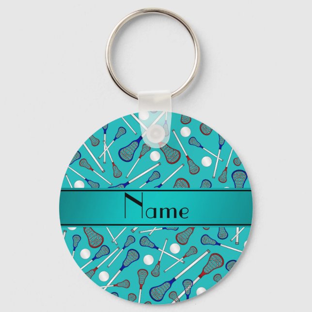 Personalized name turquoise lacrosse pattern keychain (Front)