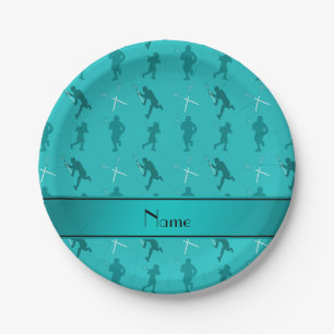 Personalized name turquoise lacrosse silhouettes paper plate