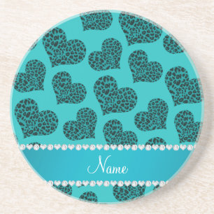 Personalized name turquoise leopard hearts coaster