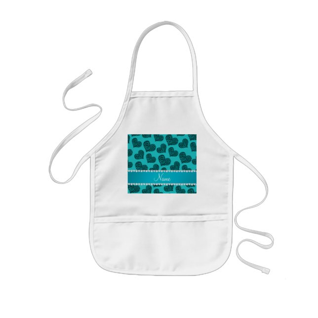Personalized name turquoise leopard hearts kids apron (Front)