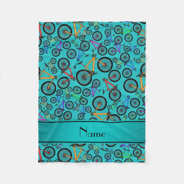 Personalized name turquoise mountain bikes fleece blanket (Front)