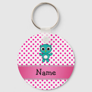 Personalized name turquoise owl pink stars keychain