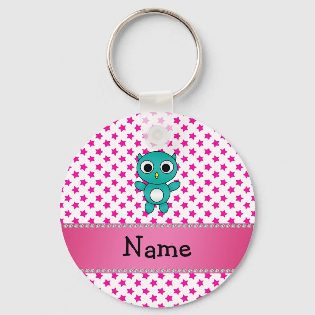 Personalized name turquoise owl pink stars keychain (Front)